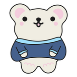 Cartoon bear plush toy with a blue outfit on a white background