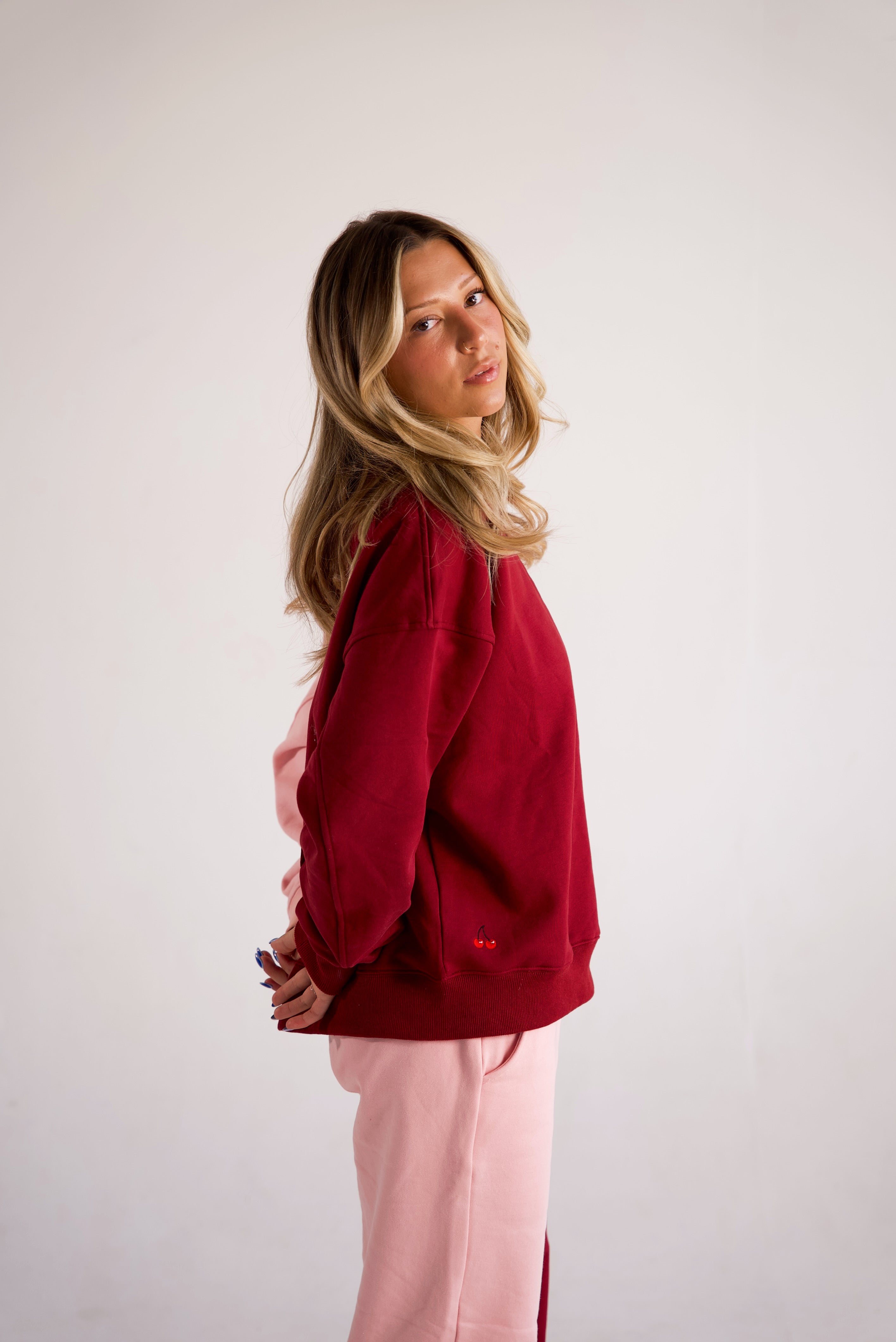 Contrast Split Oversized Crew - Cherry Crush