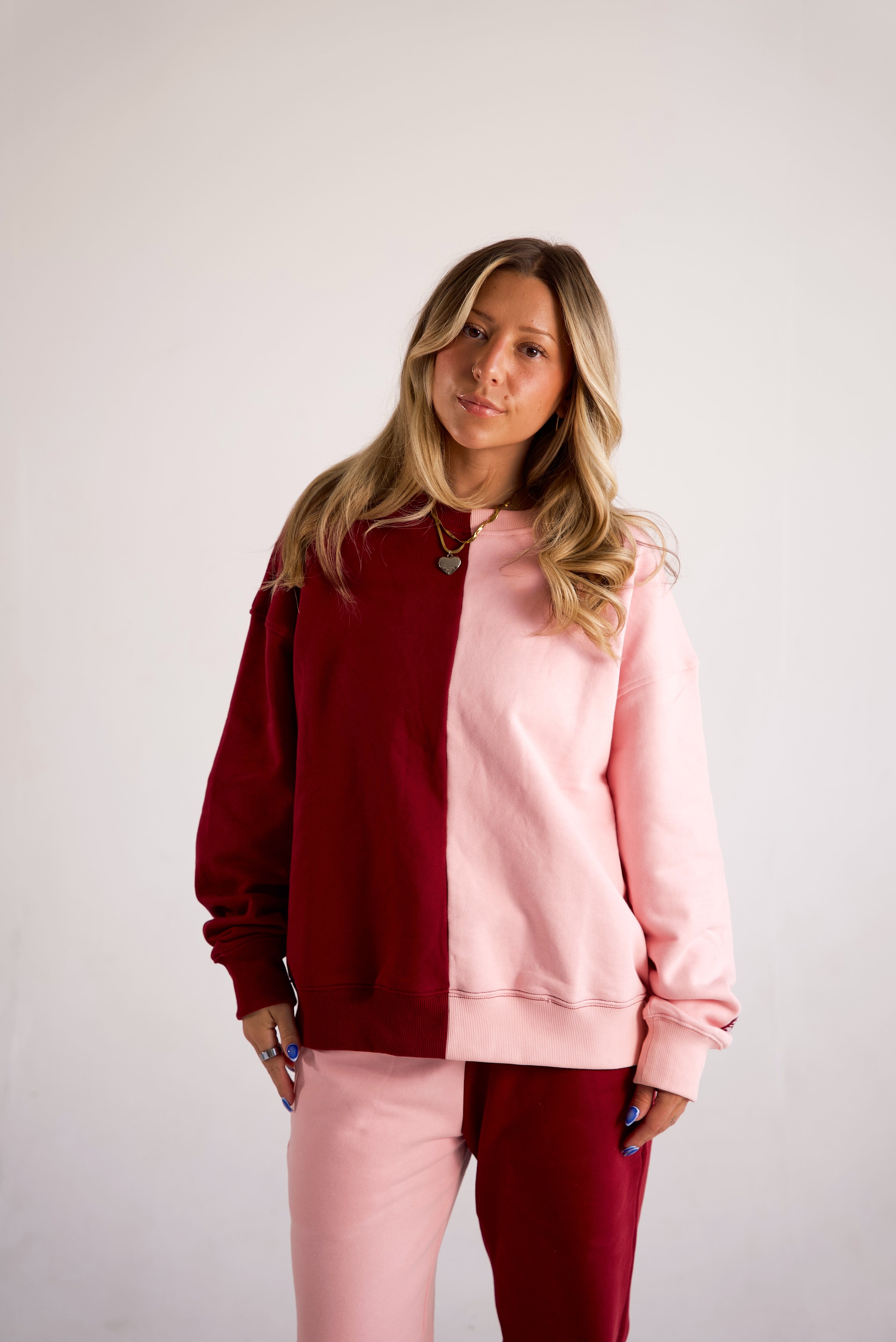 Contrast Split Oversized Crew - Cherry Crush