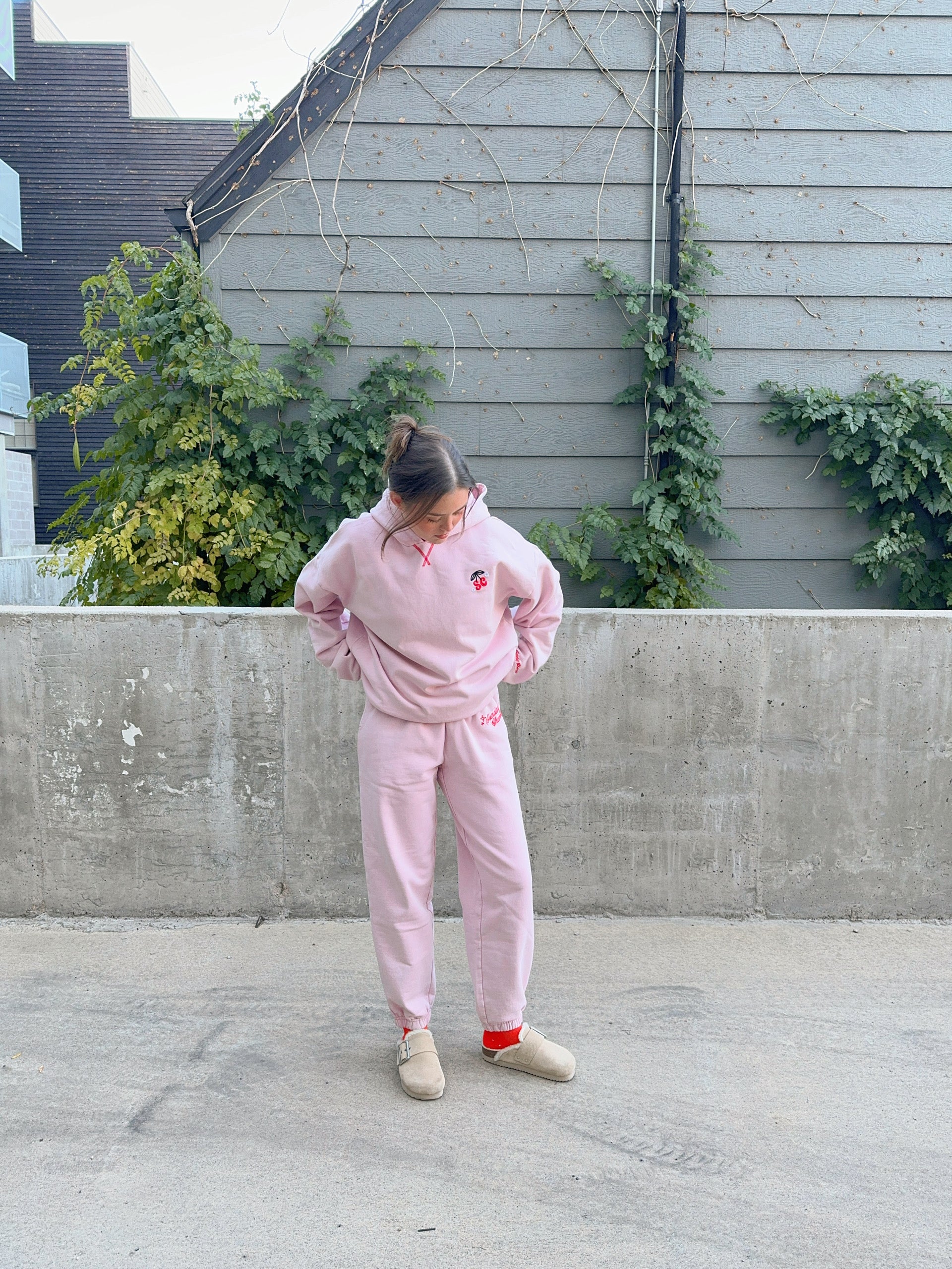Lexi in Sunday Cherries Vintage Pink Hoodie and Sweatpants